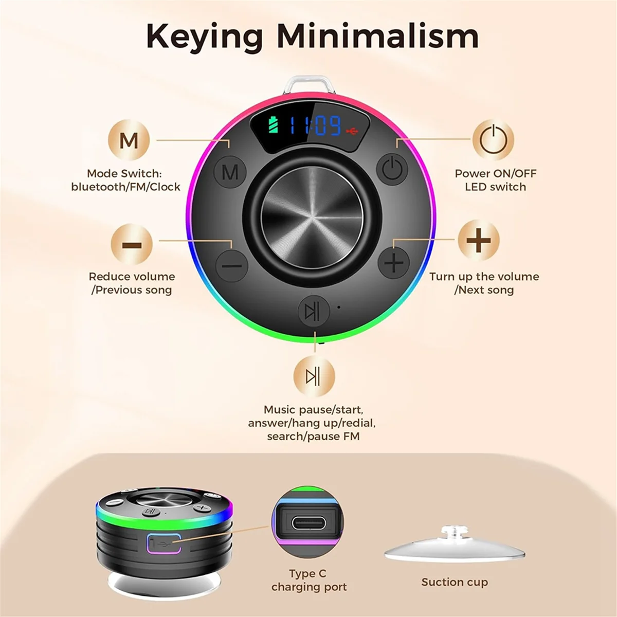 SEMOIC Bluetooth Shower Speaker Waterproof, Mini Bluetooth Shower Speaker Suction Cup, Shower Radio Wireless with RGB Lights