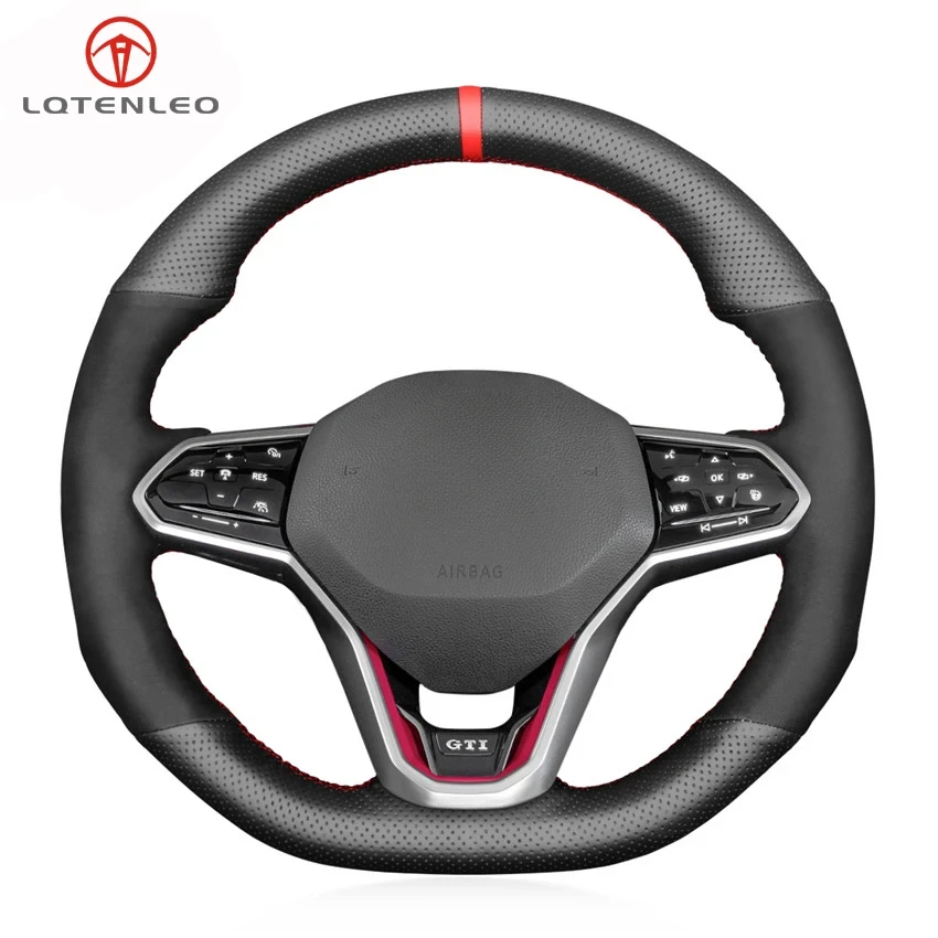 LQTENLEO Black Suede Genuine Leather Car Steering Wheel Cover For Volkswagen VW Golf 8 MK8 GTI Golf GTE 2020-2024