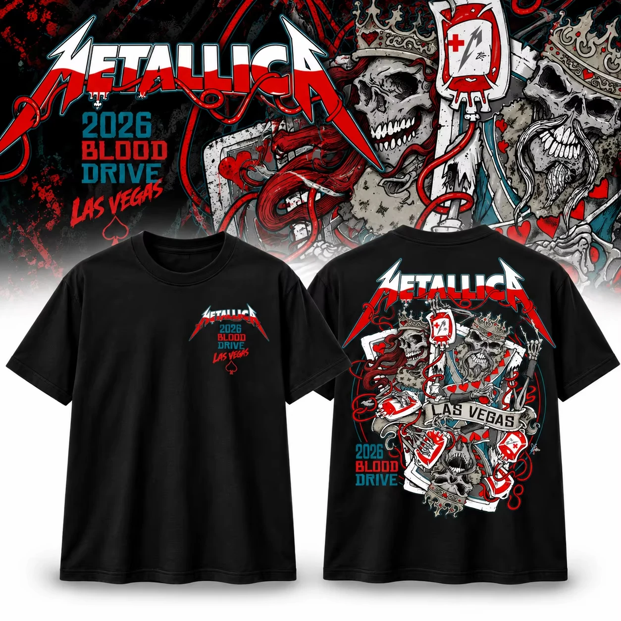 Metallica 2026 Las Vegas Blood Drive Tour T-shirt Double Sided Skull Poker Print Short Sleeve Heavy Metal Rock Band Fans Tee