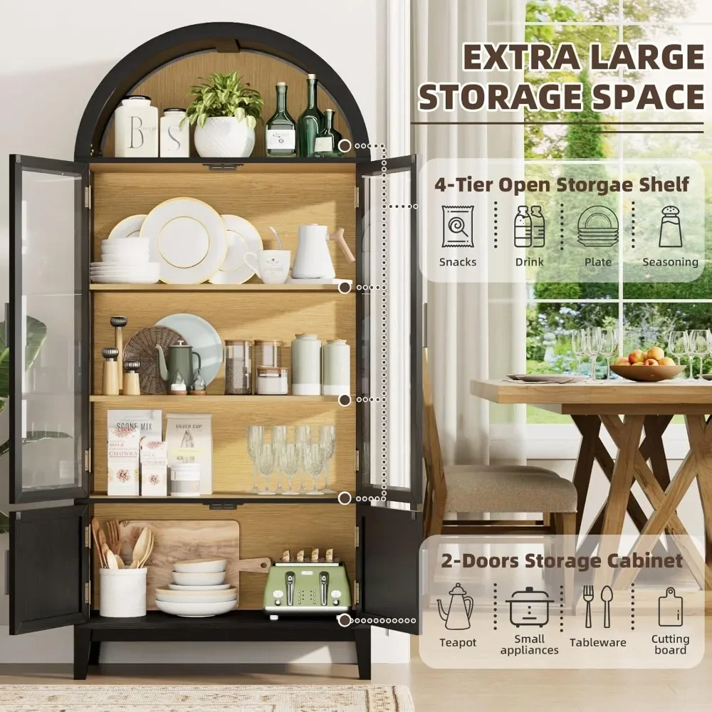 

71 Kitchen Pantry Cabinet, Arched Bookcase China Pantry Storage Cabinet with Glass Doors and Shelves, Human Body Sensor
