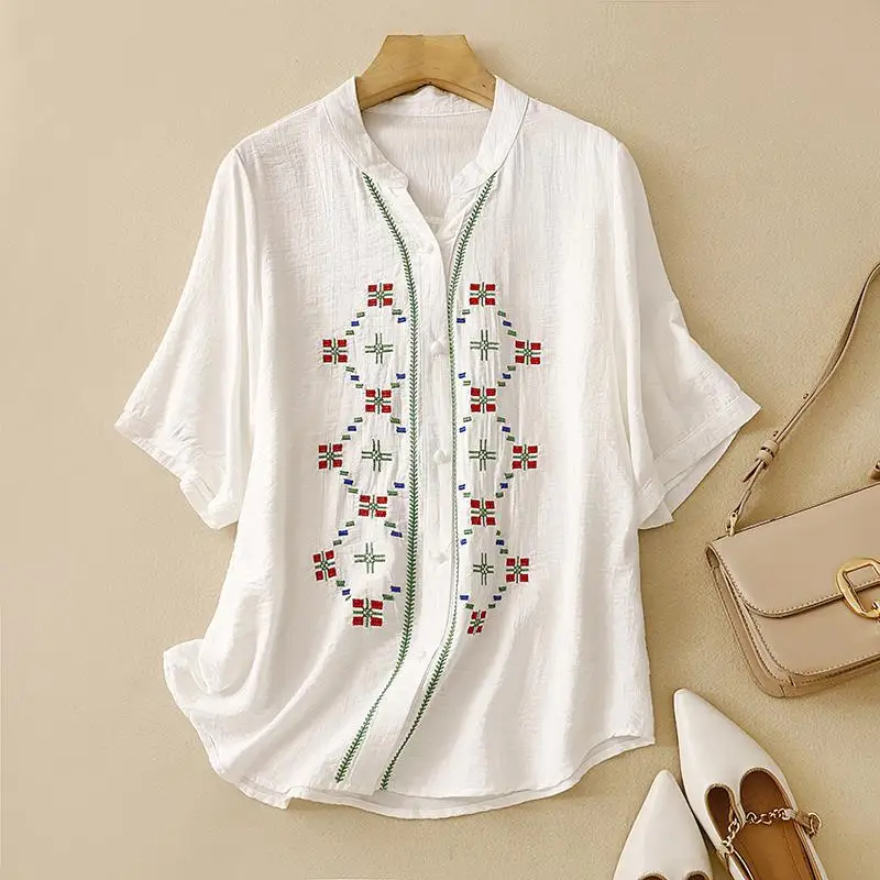 

New Arrival 2024 Summer Arts Style Women Short Sleeve Single Breasted Loose Casual Shirt Vintage Embroidery V-neck Blouse