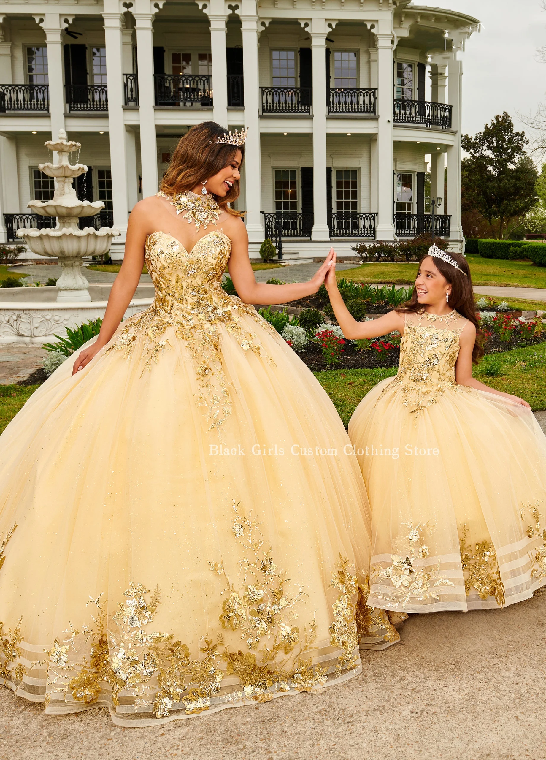 Champagne Flower Girl Dresses 2024 Mini Quinceanera Dresses Round Neck Tulle Beaded Applique Cute Flower Girl Dresses