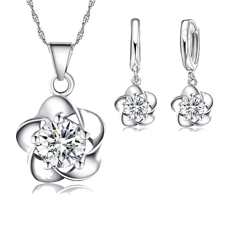 

Vintage Antique 925 Sterling Silver Flower Cubic Zirconia Necklace And Earrings Women's Jewelry Sets Anniversary Gift