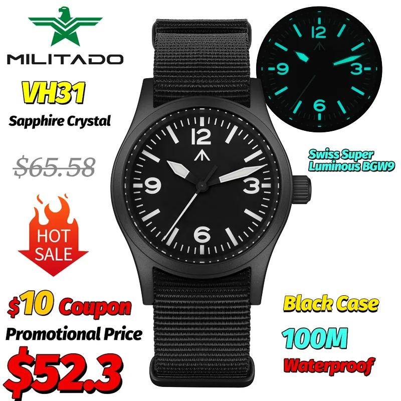 Militado New ML05 36912 Quartz Watches PVD Black Case VH31 Luminous BGW9 AR Sapphire 10Bar Waterproof 38Mm Wrist Watches Man