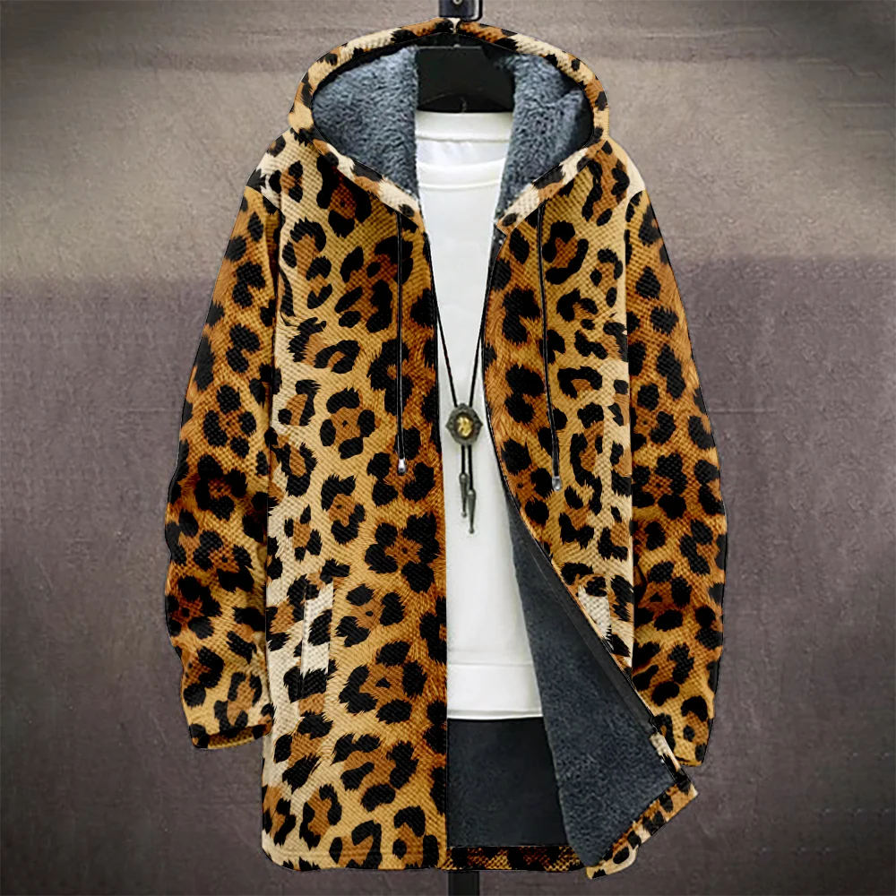 Men's Leopard Print Hooded Coat Collection Warm Faux-Fur Lined Jacket Multi-Color Animal Patterns Streetwear Winter Fashion Coat