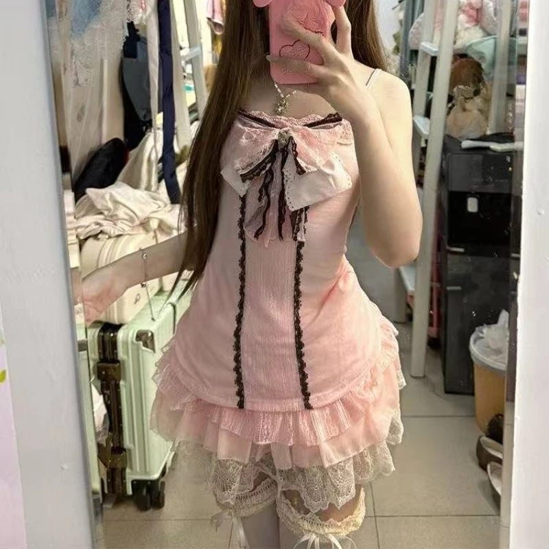 Cute Y2K Lolita 3 Piece Set Women Japanese Lace Cardigan Casual Vest High Waist Y2k Mini Skirt Lolita Fashion Suit view 6