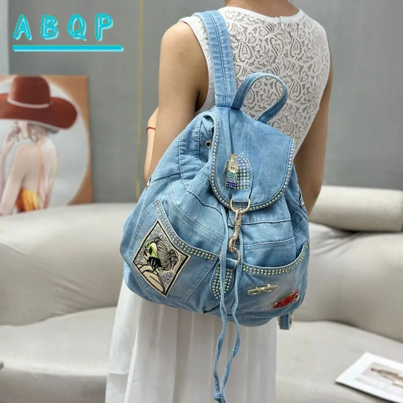 

Backpack New Fashion Women's Bag Denim Casual Student Schoolbag Diamond Large Capacity Canvas Trendy Simple Design