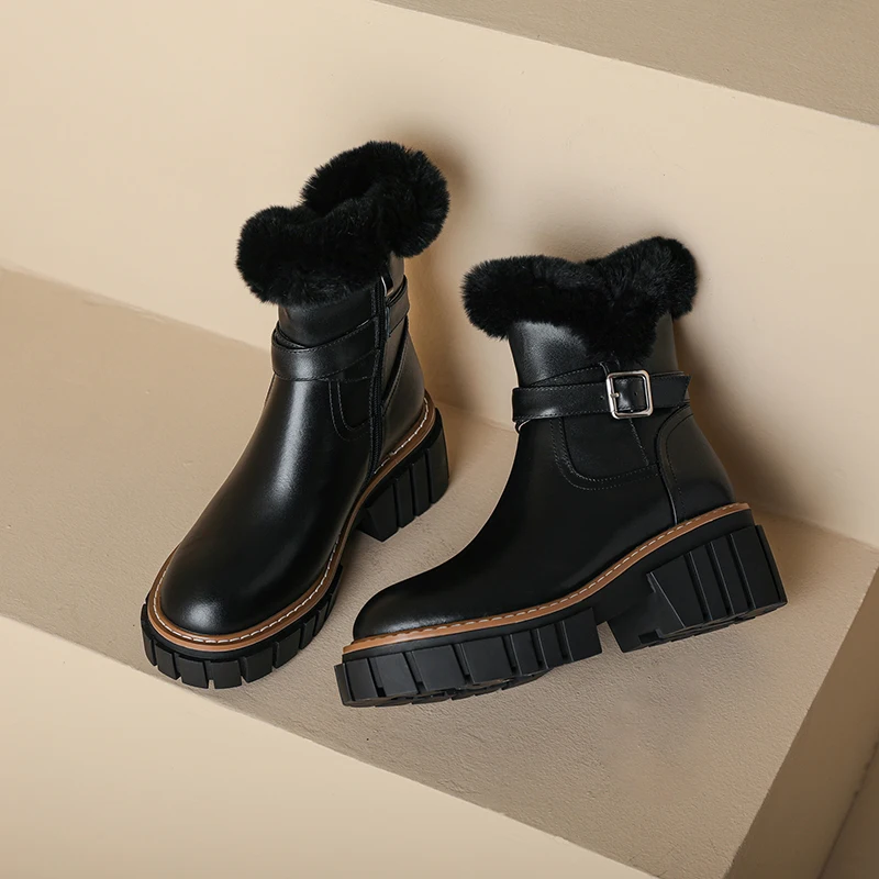 2023 New High Quality Genuine Leather Women Ankle Boots Wool Snow Boots Winter Warm Working Casual Thick Heels Zip Shoes Woman