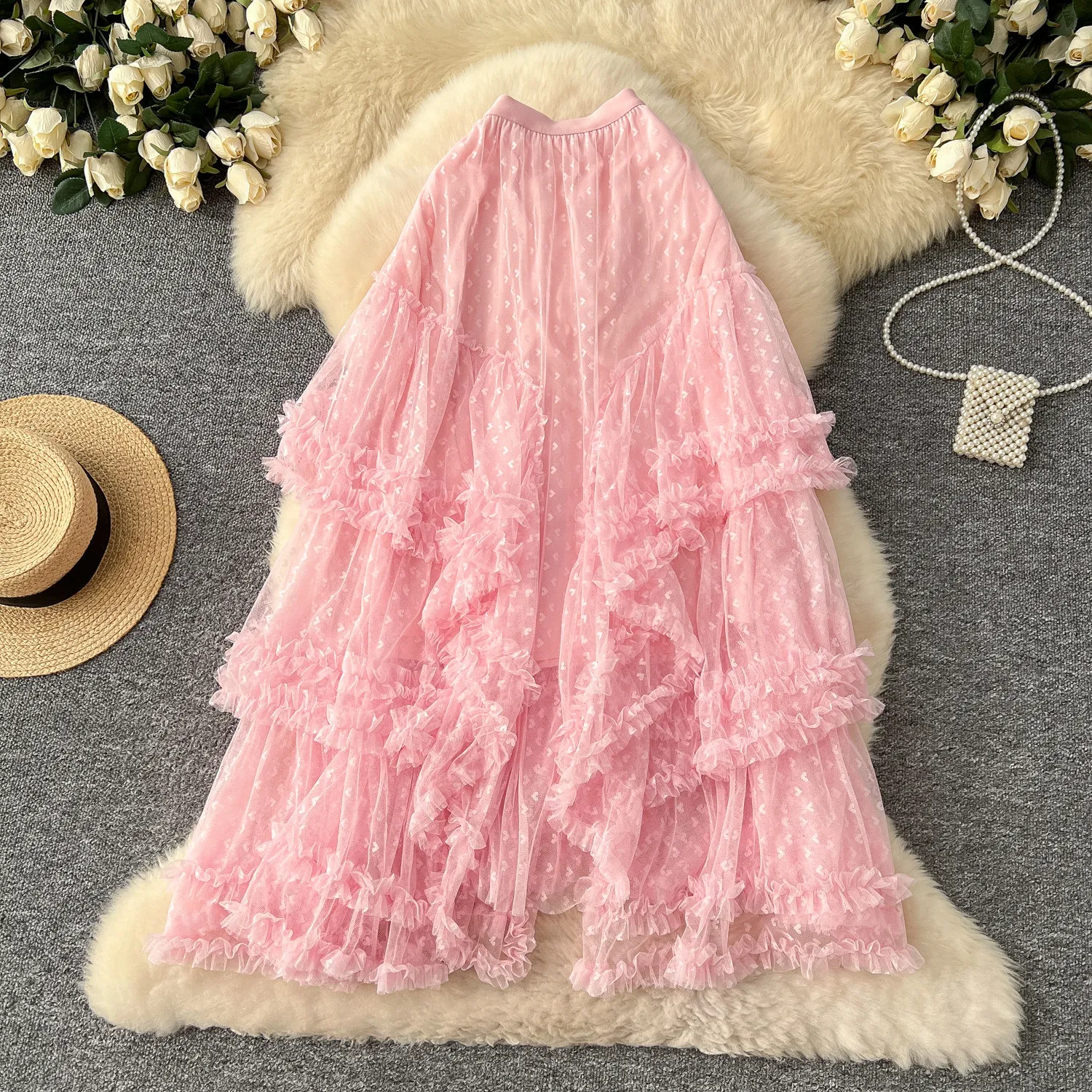 Spring Fairy Early Gentle style Mesh Long Skirt Women Asymmetrical Red heart  Polka Dots Fluffy Mesh Elegant Casual Maxi Skirts