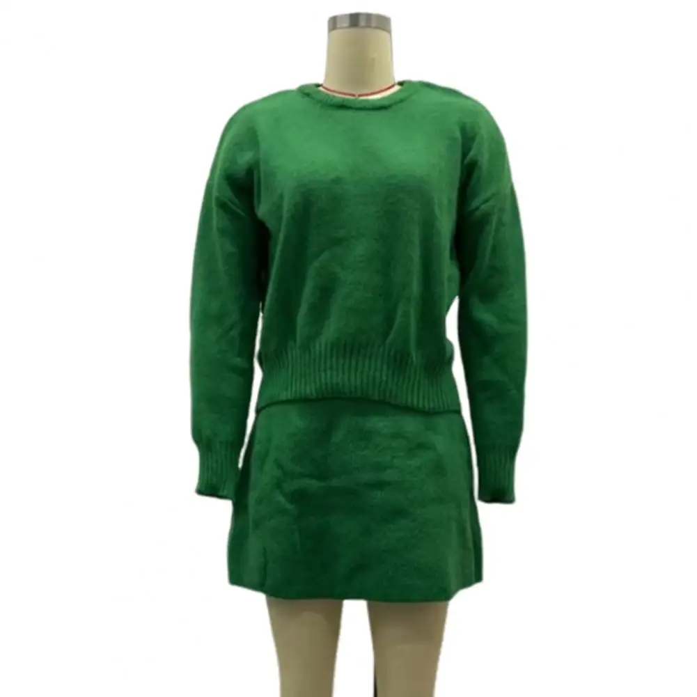 Women Pullover Sweater Skirt Set O-Neck Long Sleeve Knitting Tops Mid-rise A-Line Mini Skirt Set Outfit