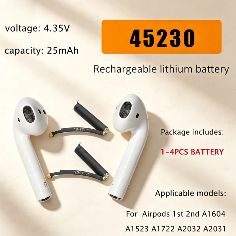 

100% New 45230 25mAh Replacement Battery for Airpods 1st 2nd A1604 A1523 A1722 A2032 A2031 4.35V Earphone Batteries