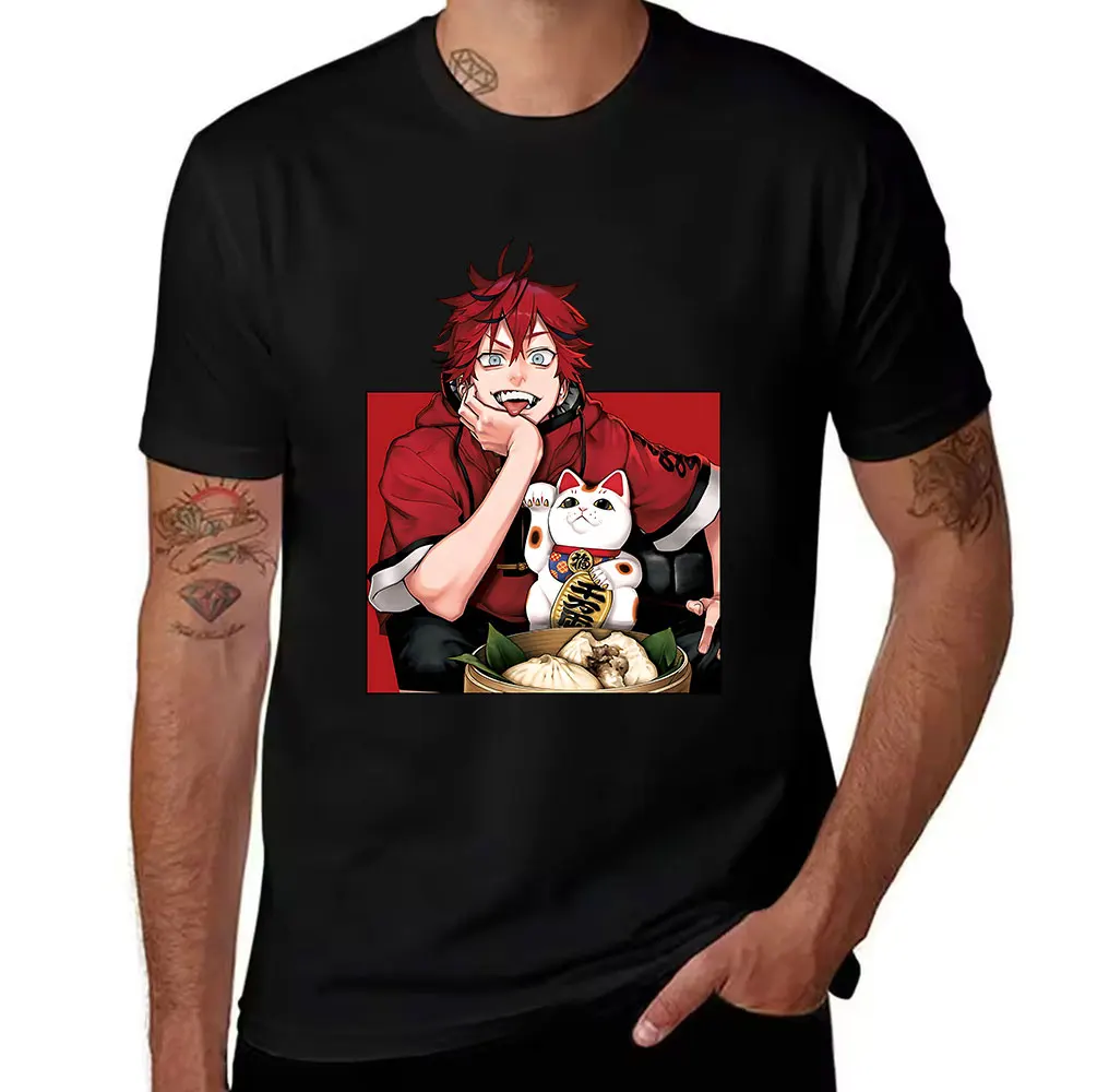 Men's Cotton T-Shirt Anime Style Red Hair Guy Lucky Cat & Steamed Bun Graphic Print Casual Short Sleeve Tee