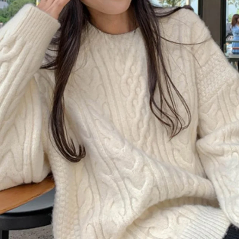 

Women White Sweatshirt Solid Baggy Round Neck Printing Korean Fashion Vintage Y2K 2023 NEW Winter Long Sleeves Pullover Tops