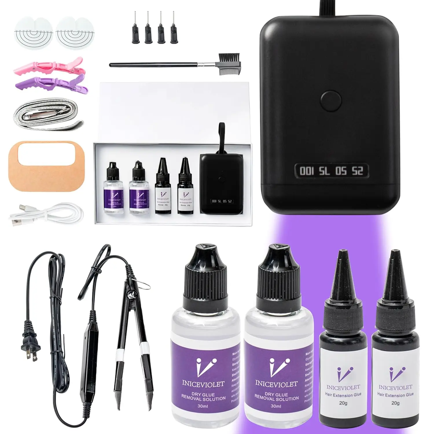 V Light Hair Extensions Kit – Portable LED Handheld Device with 6 Beads, Glue & Remover Set, Tools Included