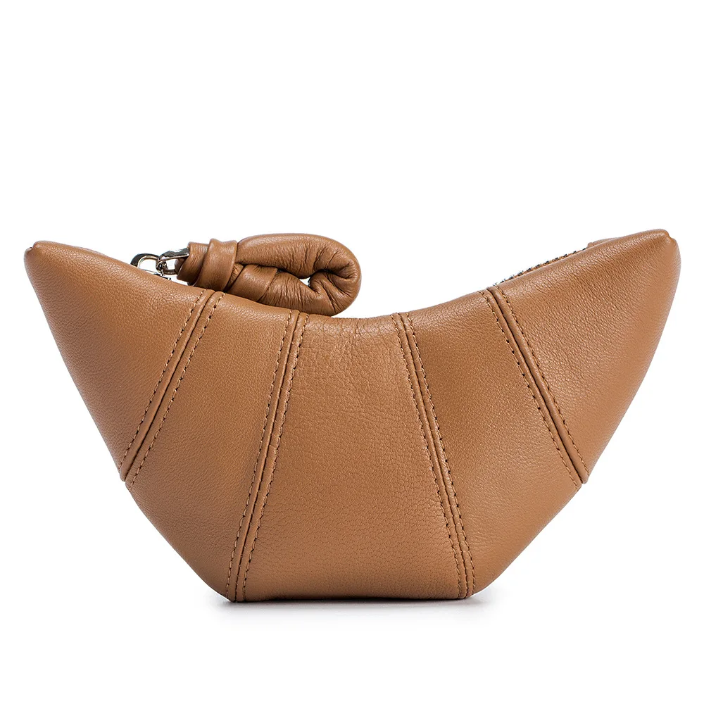 Imagem -03 - Luxo Genuíno Couro Bolsa de Moedas Feminina Fantasia Croissant Moda Senhora Pequeno Zip Hobo Carteira Marca Retro Mini Bolsa de Maquiagem