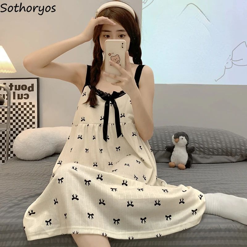 

Sleeveless Nightgowns Women Bow Print Sweet Princess Baggy Sleepwear Aesthetic Home Casual Summer Korean Fashion All-match Mujer