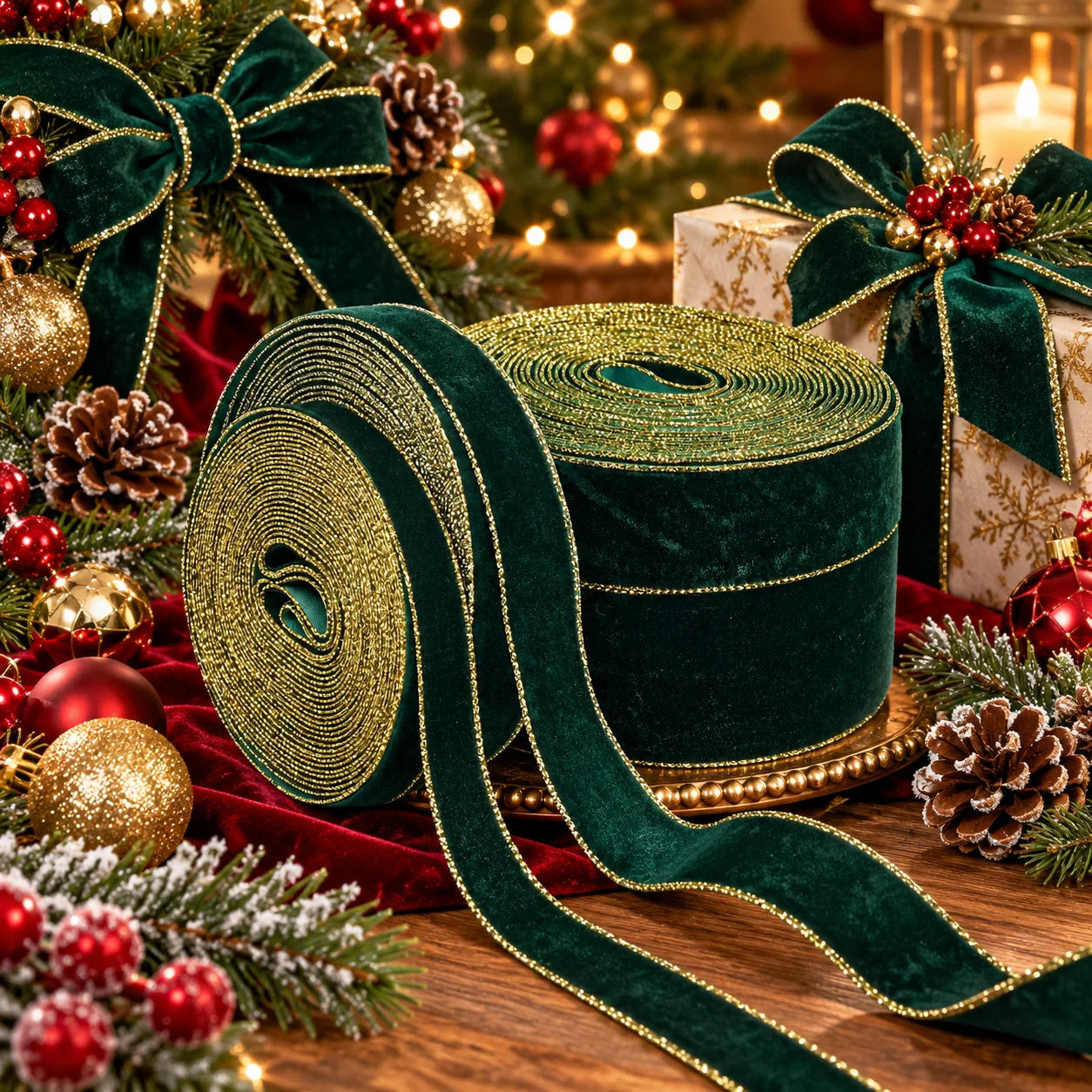 5 Yards Gold Edge Green Velvet Ribbon Christmas Gift Wrap Ribbon for Bowknot Handmade Xmas Tree Wreath Decoration