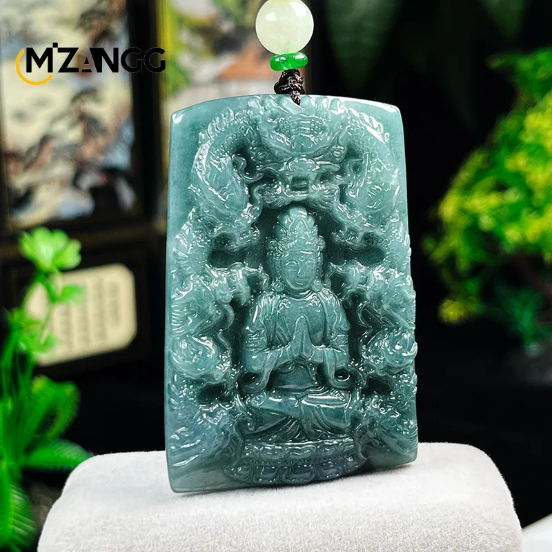 Natural Jadeite Blue Water Kowloon Guanyin Pendant Hand-carved Exquisite Fashion Men's and Women's Jewelry Necklace Gift