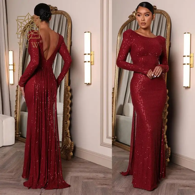 

Wine Red Long Evening Dress Glitter Sequin Sexy Backless Evening Wedding Party Dresses Mermaid Long Sleeves Tassel Formal Dress