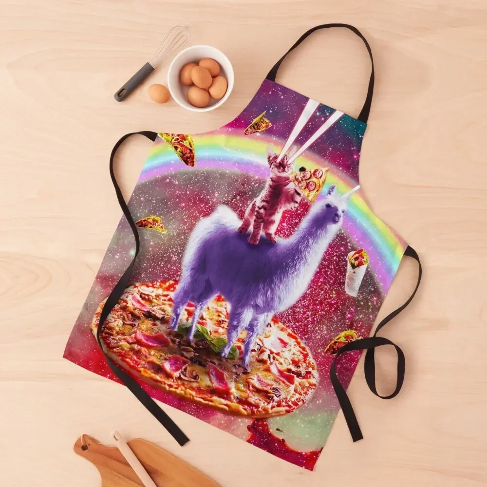 

Laser Eyes Outer Space Cat Riding On Llama Unicorn Apron Trim Cloth Bib For Kitchen Apron