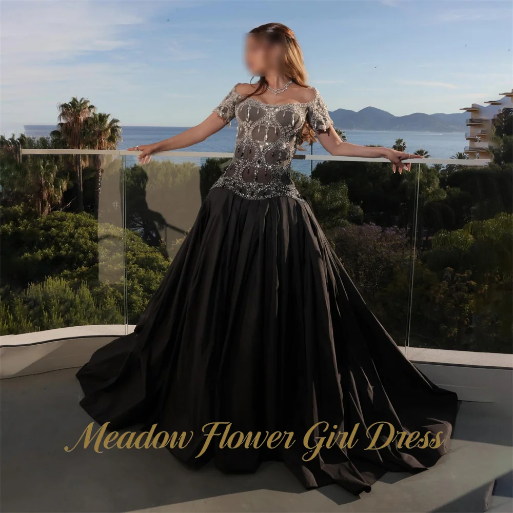 Meadow Black Evening Dress Off the Shoulder Short Sleeve Formal Gown A Line Night Dresses with Pearls Prom Dresses Customized