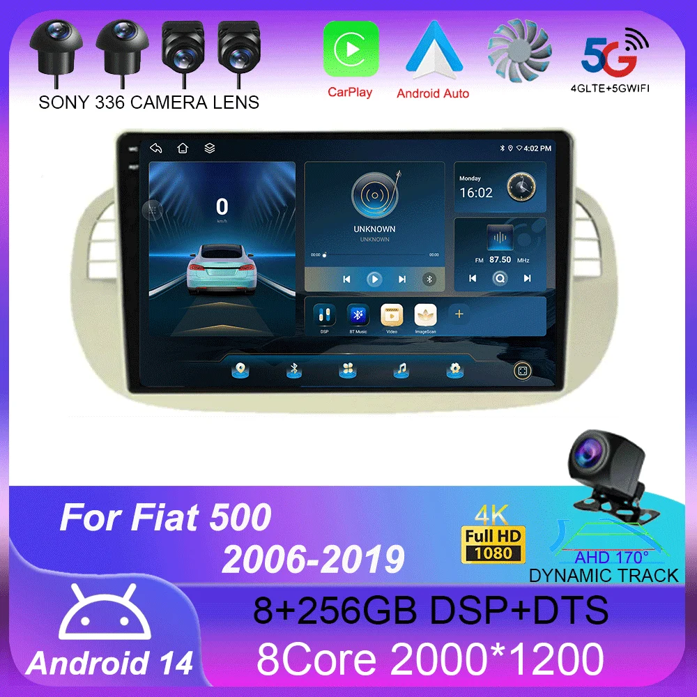 Android 14 For Fiat 500 2007 - 2015 Car Radio Stereo With DSP Navigation Steering Wheel Control Multimedia Carplay Auto WIFI 2K