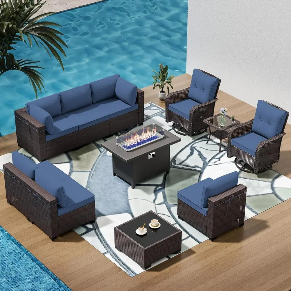 

Комплект садовой мебели из 11 предметов с секционным диваном, газовым пропановым столом-костровищем 45 дюймов, плетеными креслами из ротанга PE, вращающимися креслами-качалками, цвет: темно-синий