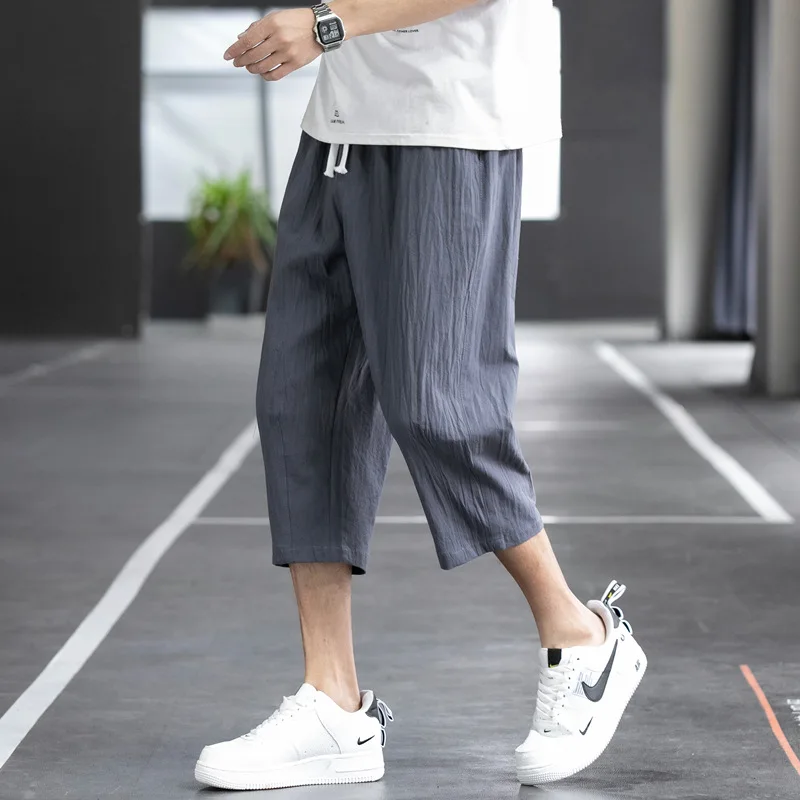 Calça Haren solta de algodão puro para homens, tamanho grande, cintura elástica, monocromática, shorts confortáveis, casual, estilo chinês, nova, verão, 2022