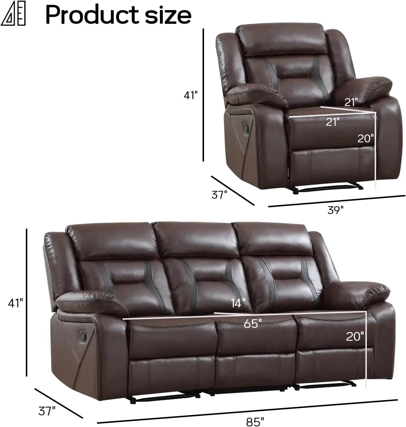 Faux Leather Reclining Living Room Furniture Set, Included Recliner Chair and 3 Seat Manual Recliner Sofa