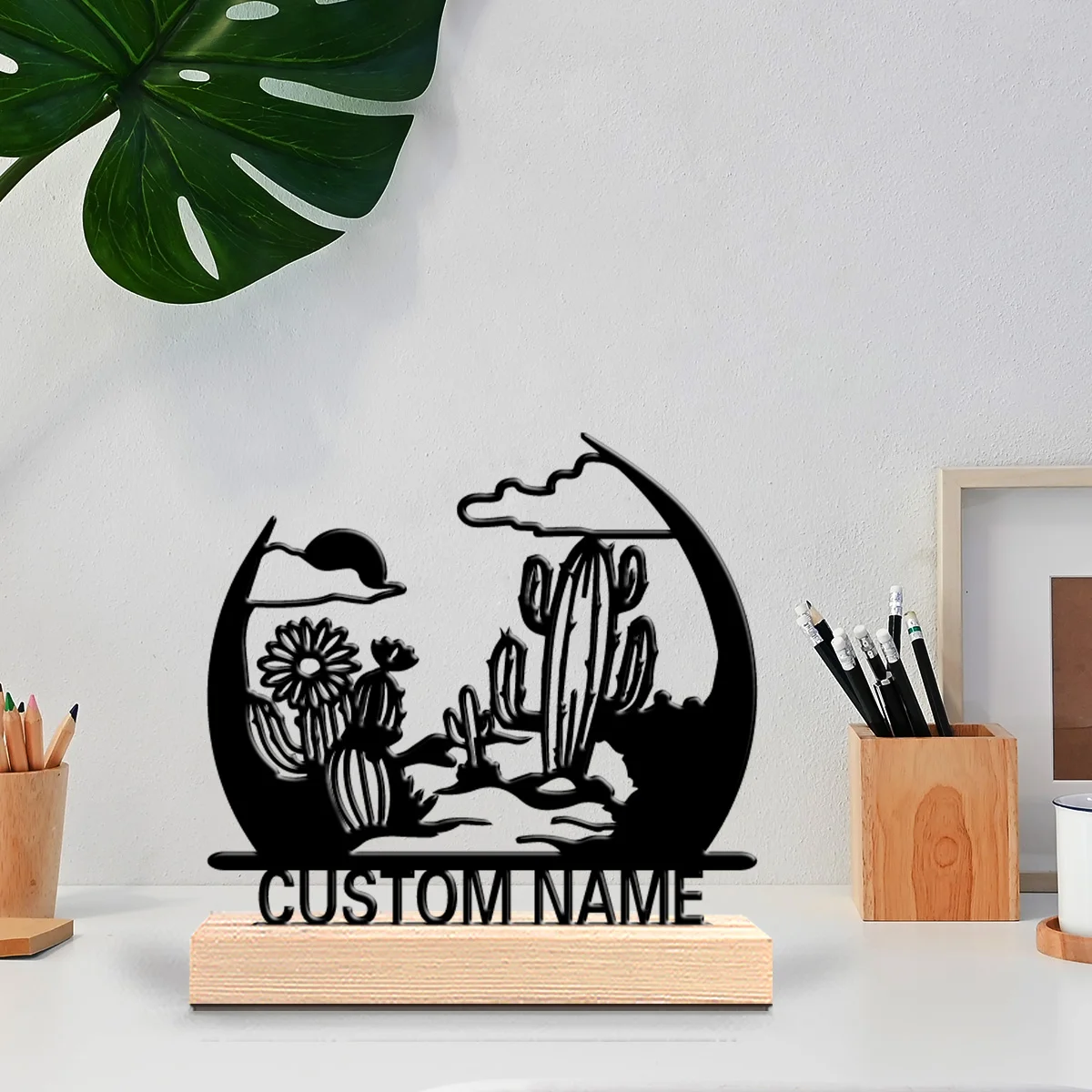 1pc Desert Wonders Personalized Name Tin Statue Metal Ornament Crafts With Wood Base Iron Statue With Wood Base For Youth Gifts