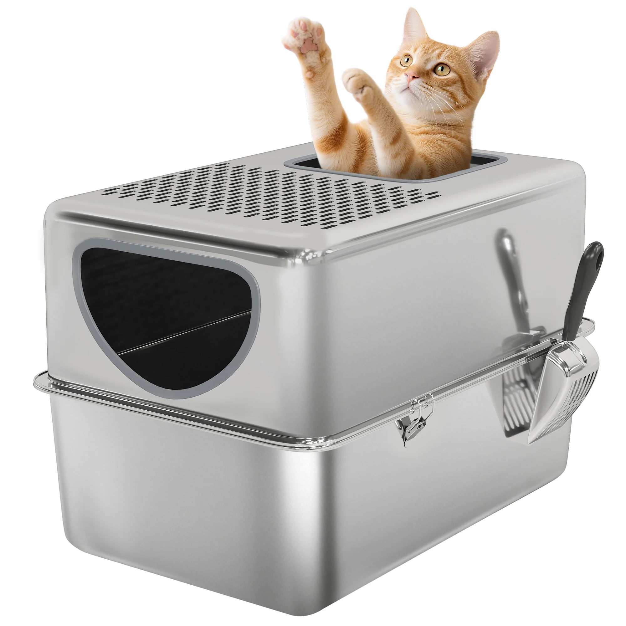 Pawhut XL kattenbak van roestvrij staal met een gemakkelijk schoon te maken schep, zilverkleurig.