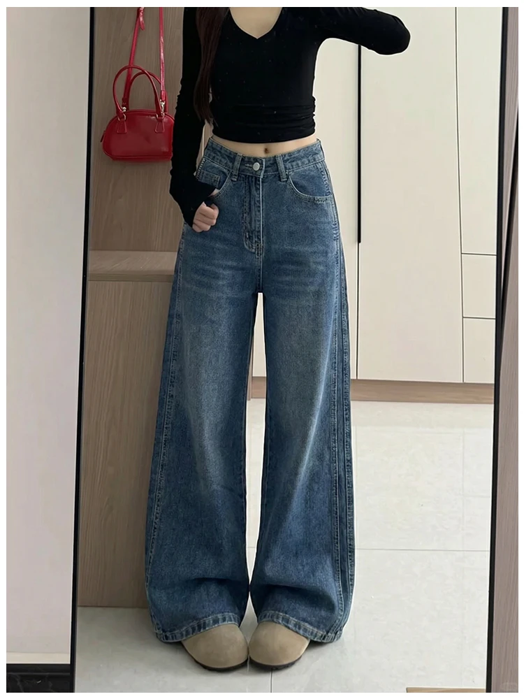 

Retro Blue Wide Leg Denim Jeans Women's Straight Classic High Waist Cotton Spring Season Pear Body Shape Slimming Long Pants