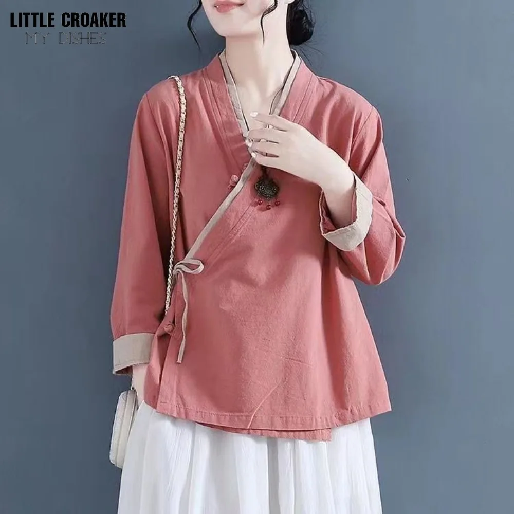 2024 Summer New Chinese Style Hanfu Blouse Women\'s Cross-collar Top Young Short Fresh Elegant Chinese Shirt Traditional Top