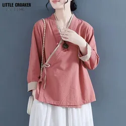 2024 Summer New Chinese Style Hanfu Blouse Women's Cross-collar Top Young Short Fresh Elegant Chinese Shirt Traditional Top