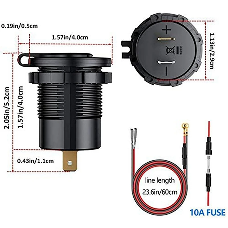 Pengisi daya mobil USB Tipe C PD 5X, pengisi daya Cepat QC 3.0, soket stop kontak daya 12V dengan sakelar ON/Off warna biru