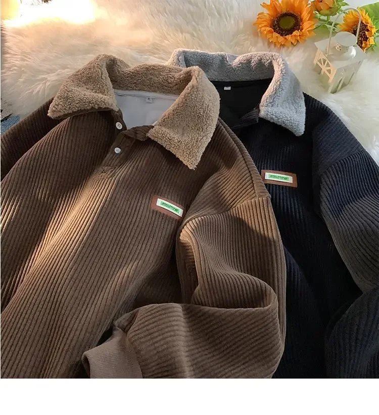 Vintage Loose Velvet Thickened Corduroy Button Hooded Sweatshirts Women Hoodies Autumn Winter Y2K Pullover Warm Contrasting Tops
