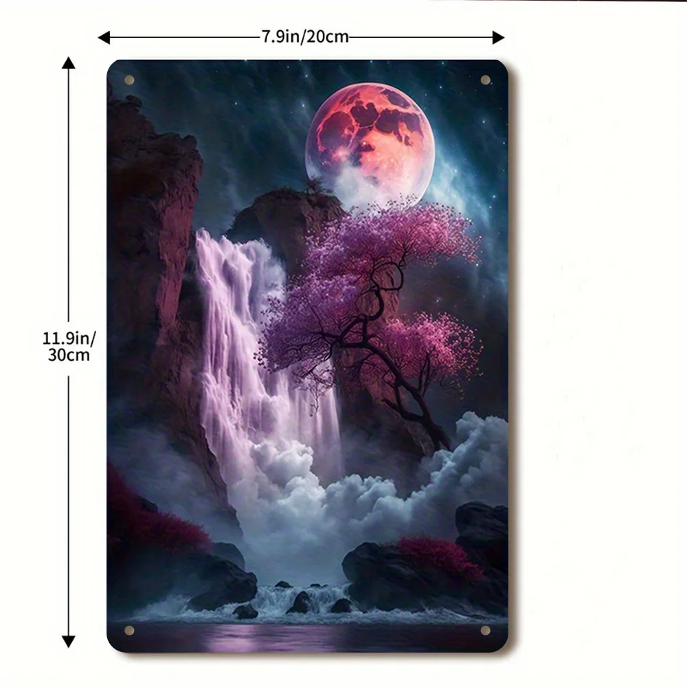 "Dreamy Moonlit Waterfall Tin Painting  Exquisite Natural Landscape Decorative Artwork" Suitable for Home and Office Wall Plaque