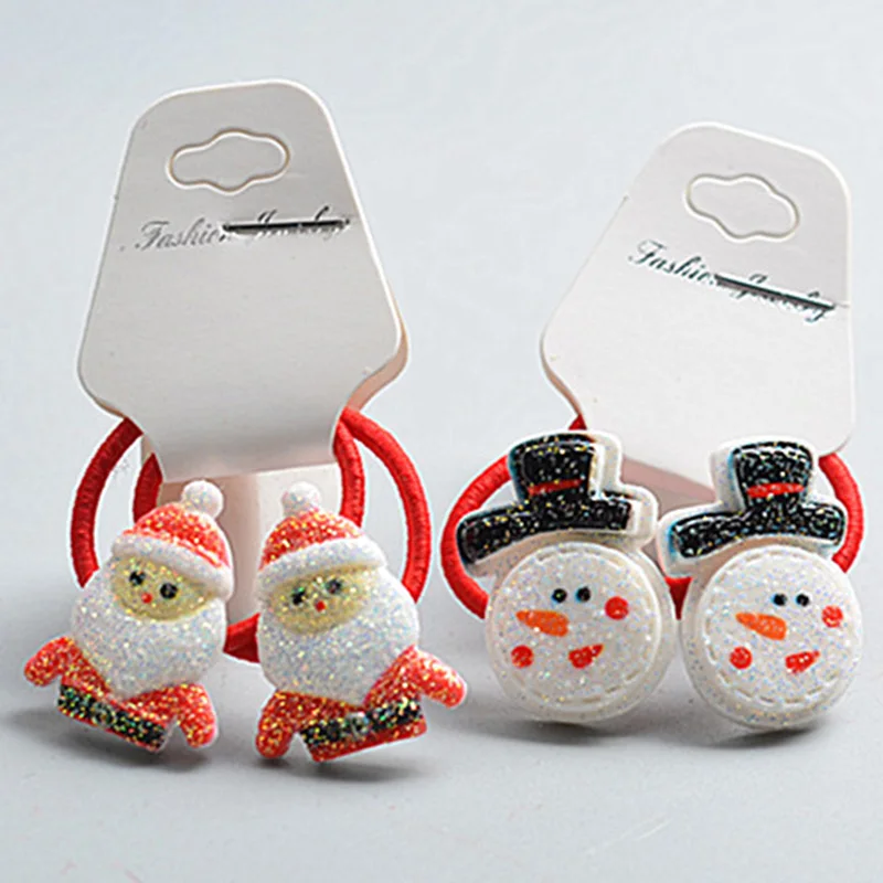 2pcs Christmas Rubber Bands Kid Girls Elastic Hair Bands Santa Claus Snowman Elk Ponytail Holder Headwear Hair Accessories