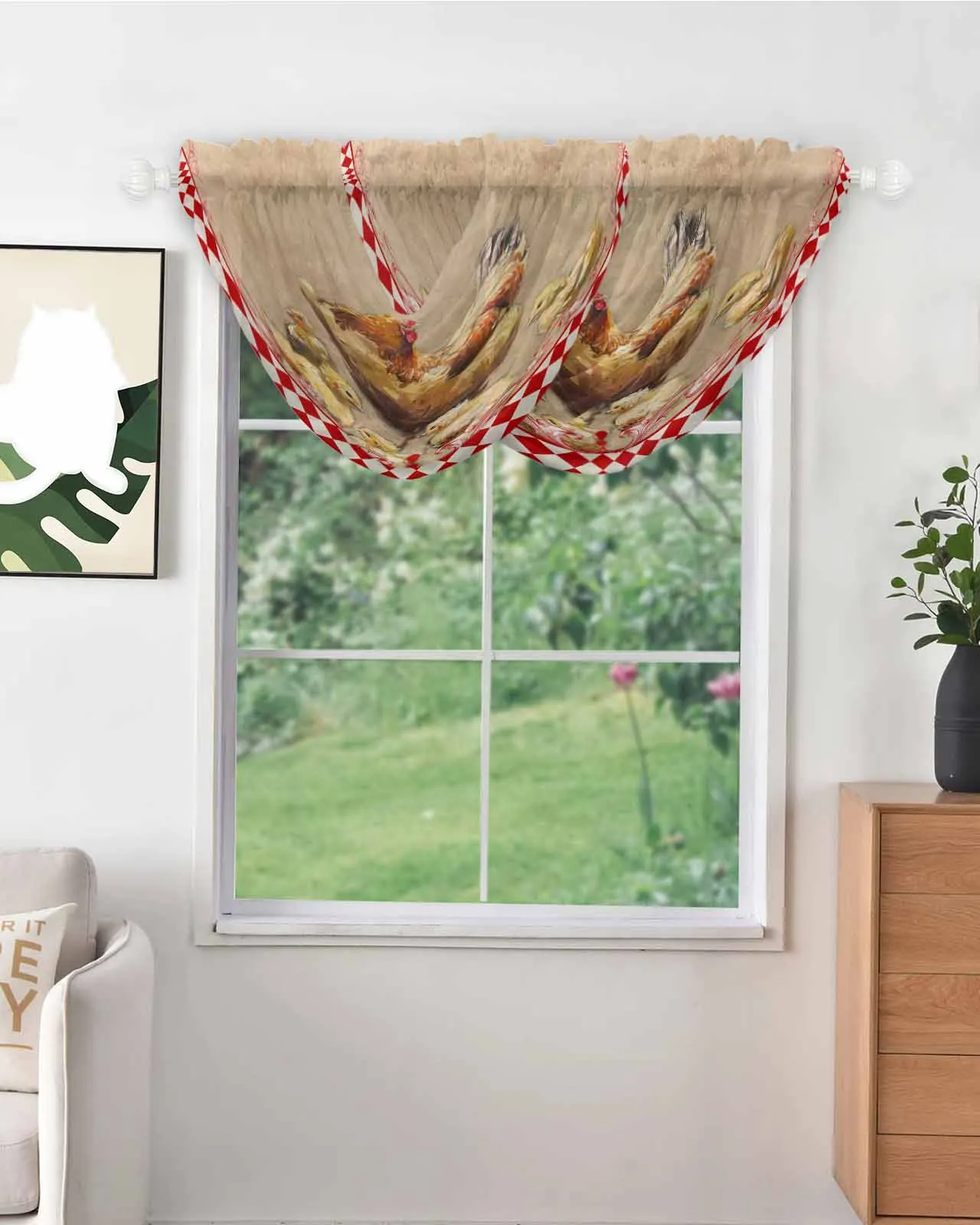 Retro Country Farm Hen Sheer Tulle Small Short Curtain for Girls Room Window Curtain Kitchen Cabinet Voile Curtain