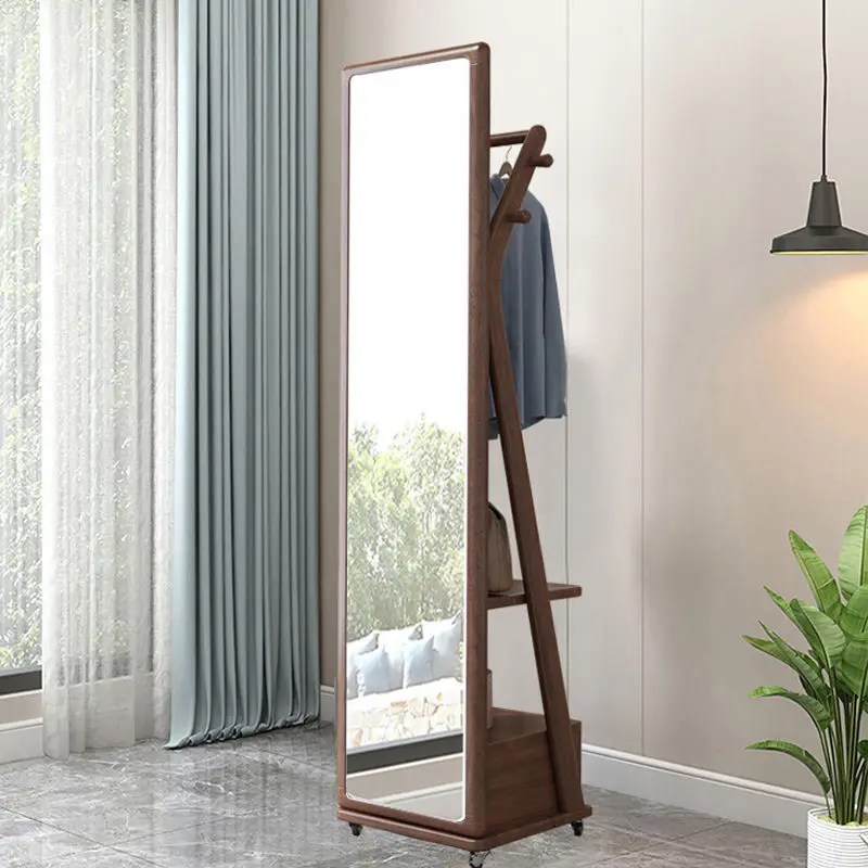 T8 Modern solid wood movable mirror Chinese master bedroom full-length mirror clothes hanger integrated floor-to-ceiling coat ra