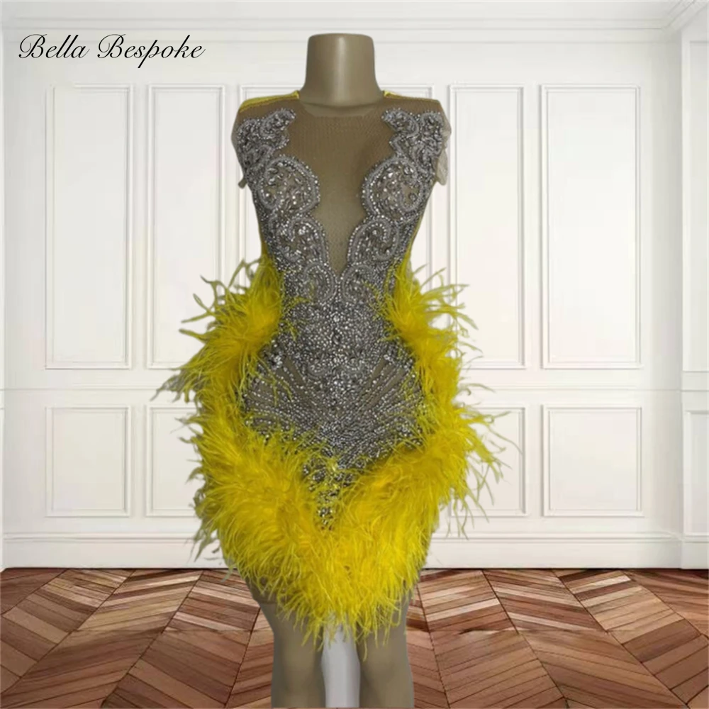 Yellow O Neck Short Prom Dresses For Black Girls Beaded Crystal 2024 Birthday Luxury Dress Feathers Mini Cocktail Homecoming