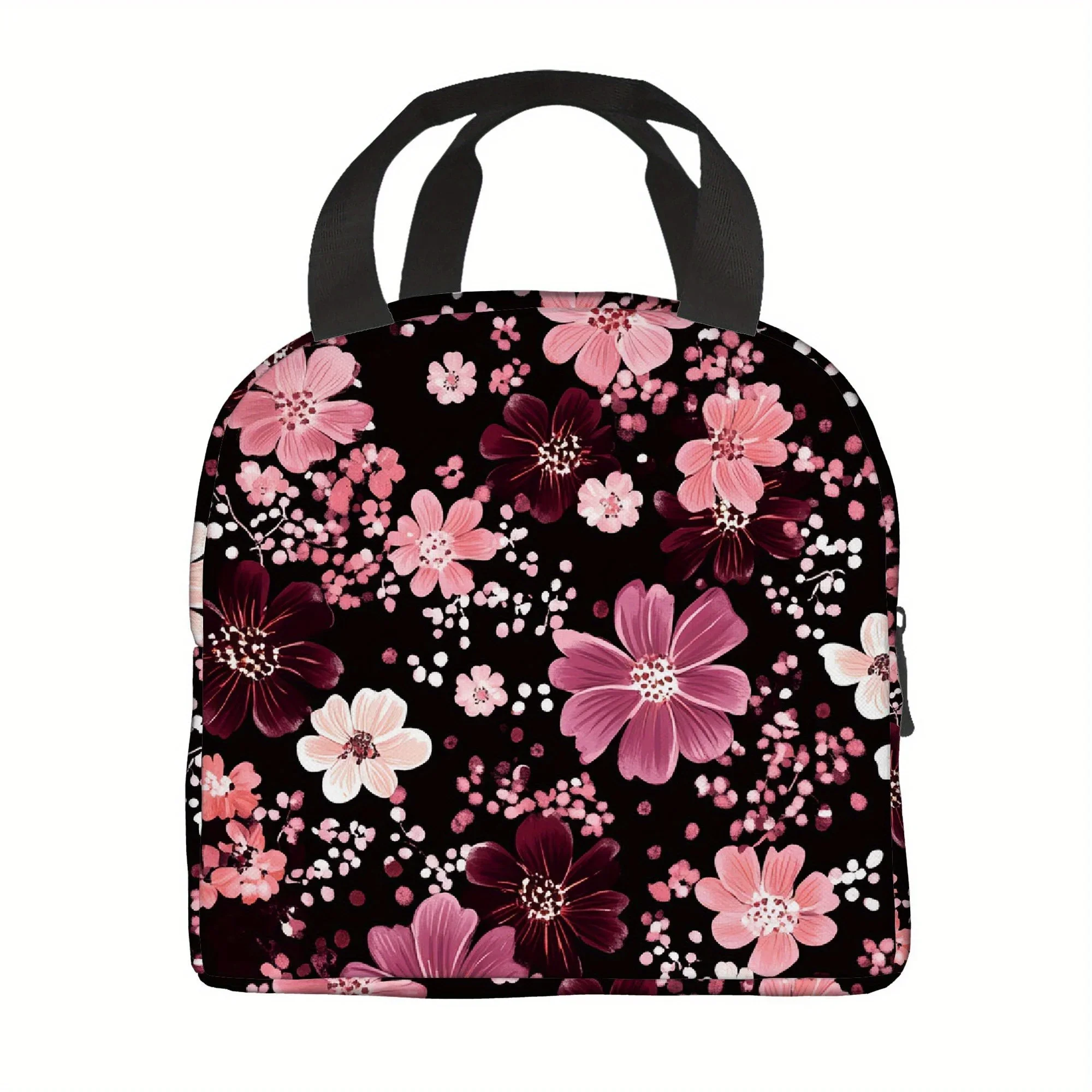 1pc Thermal Insulated Bag with Floral Pattern Pink White Flowers on Dark Background Non-Food Contact Thermal