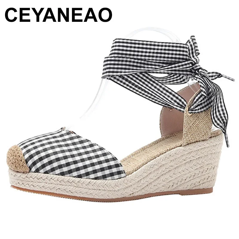 

Women's Espadrille Ankle Strap Sandals Wedges Platform Slippers Ladies Womens Shoes Breathable Flax Hemp Strippers Pumps