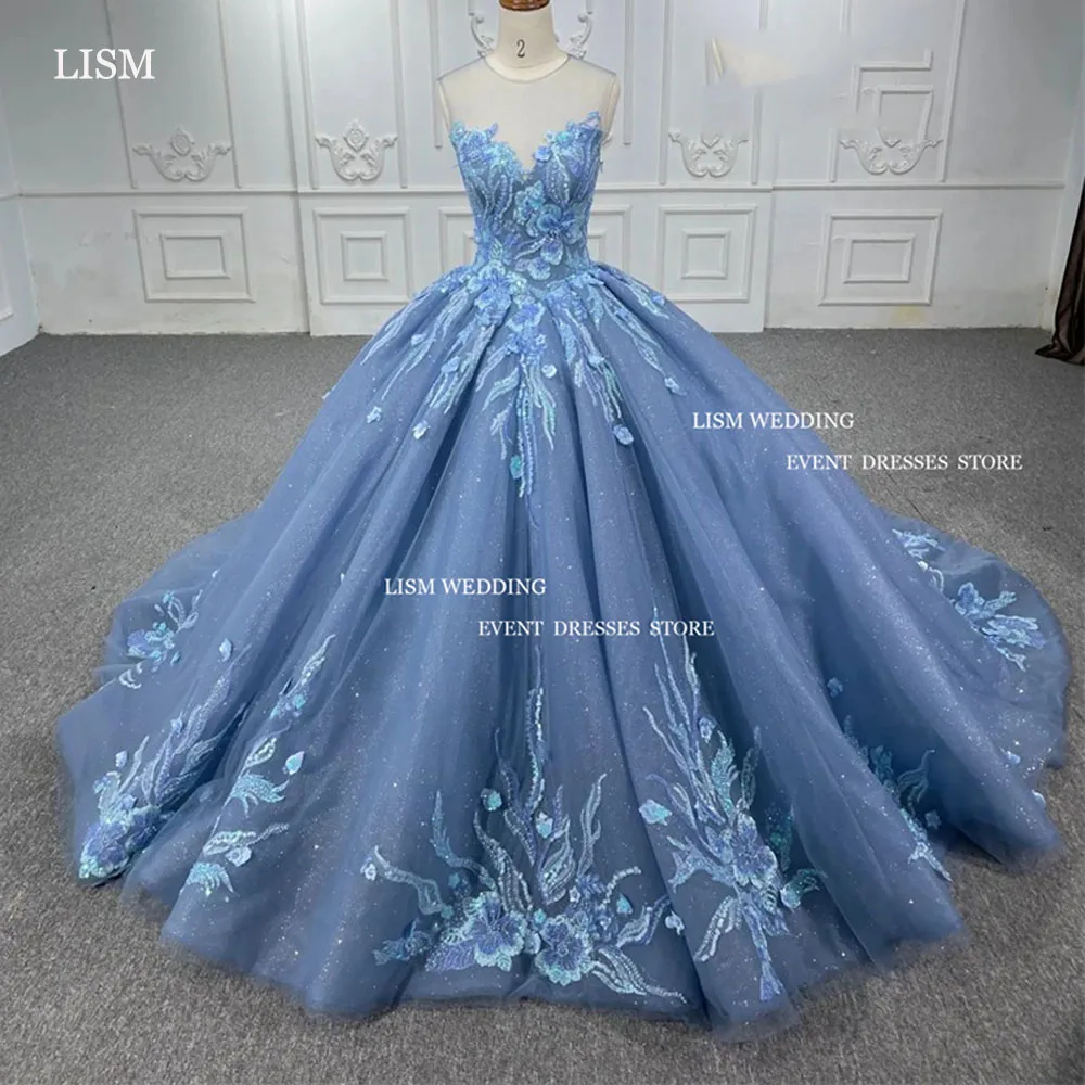 LISM-vestido de lantejoulas Quinceanera, lindo aplique de renda, vestido de baile com espartilho com gola o pescoço, personalizado, 15, 2020