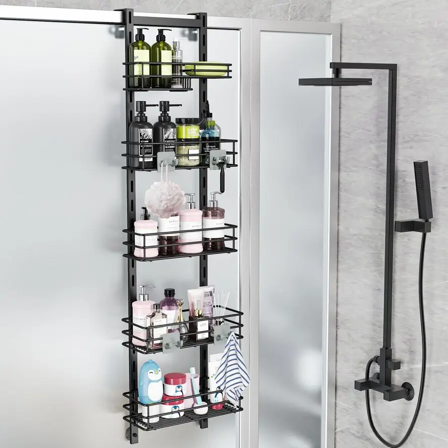 

Over the Door Shower Caddy Adjustable 5 Tier Black,Bathroom Hanging Organizer Shelf Rustproof with 4 Hooks,Shower Basket with So