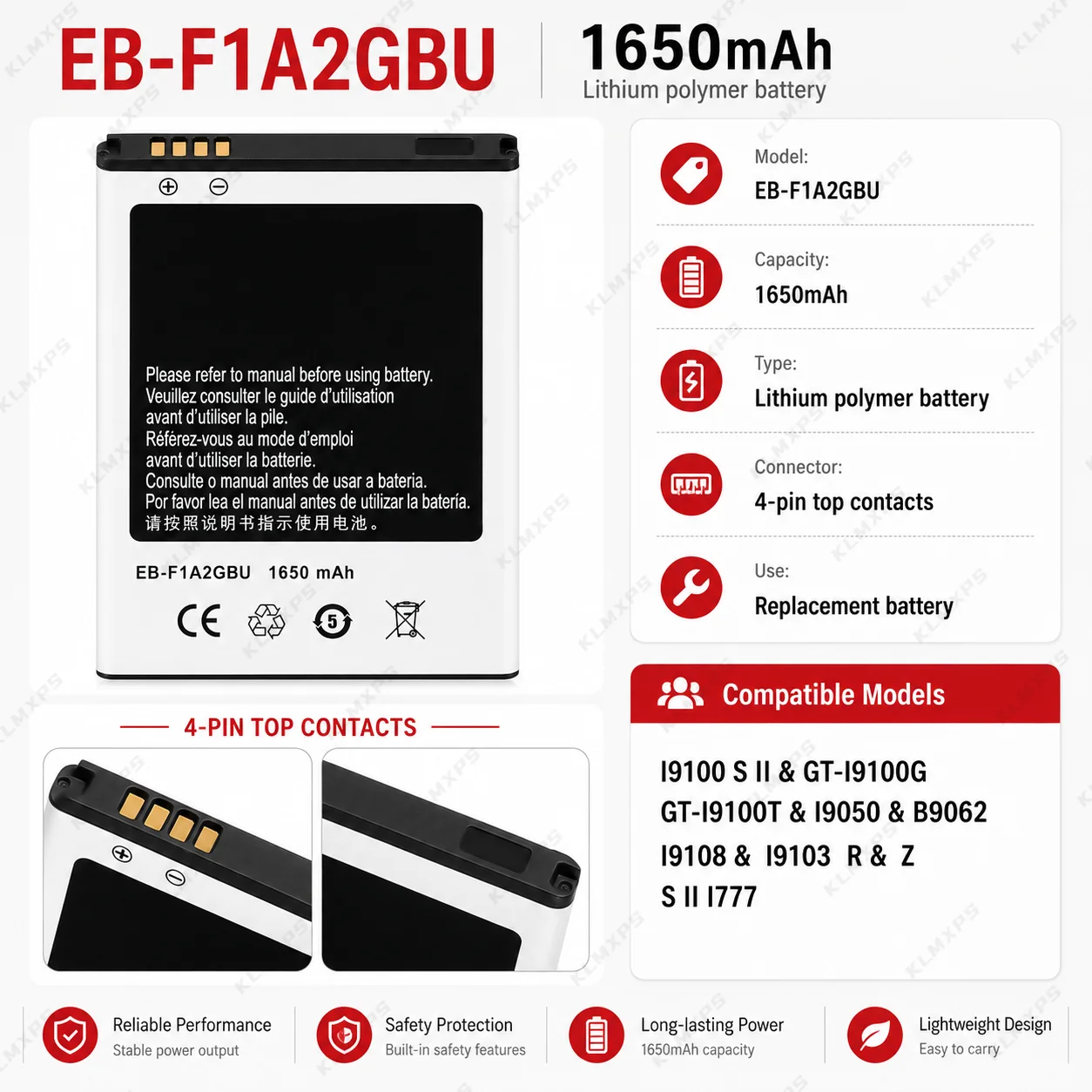 Brand New EB-F1A2GBU Battery for Samsung Galaxy S2 i9100 i9105 i9100G, 1650mAh High Capacity Replacement B9062 I777