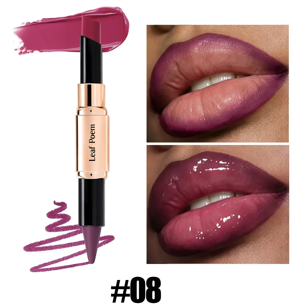 Dual-Ended 2-in-1 Lip Liner Lipstick, Waterproof Matte & Satin Finish, Slanted Tip Moisturizing Lip Pencil, Long Lasting