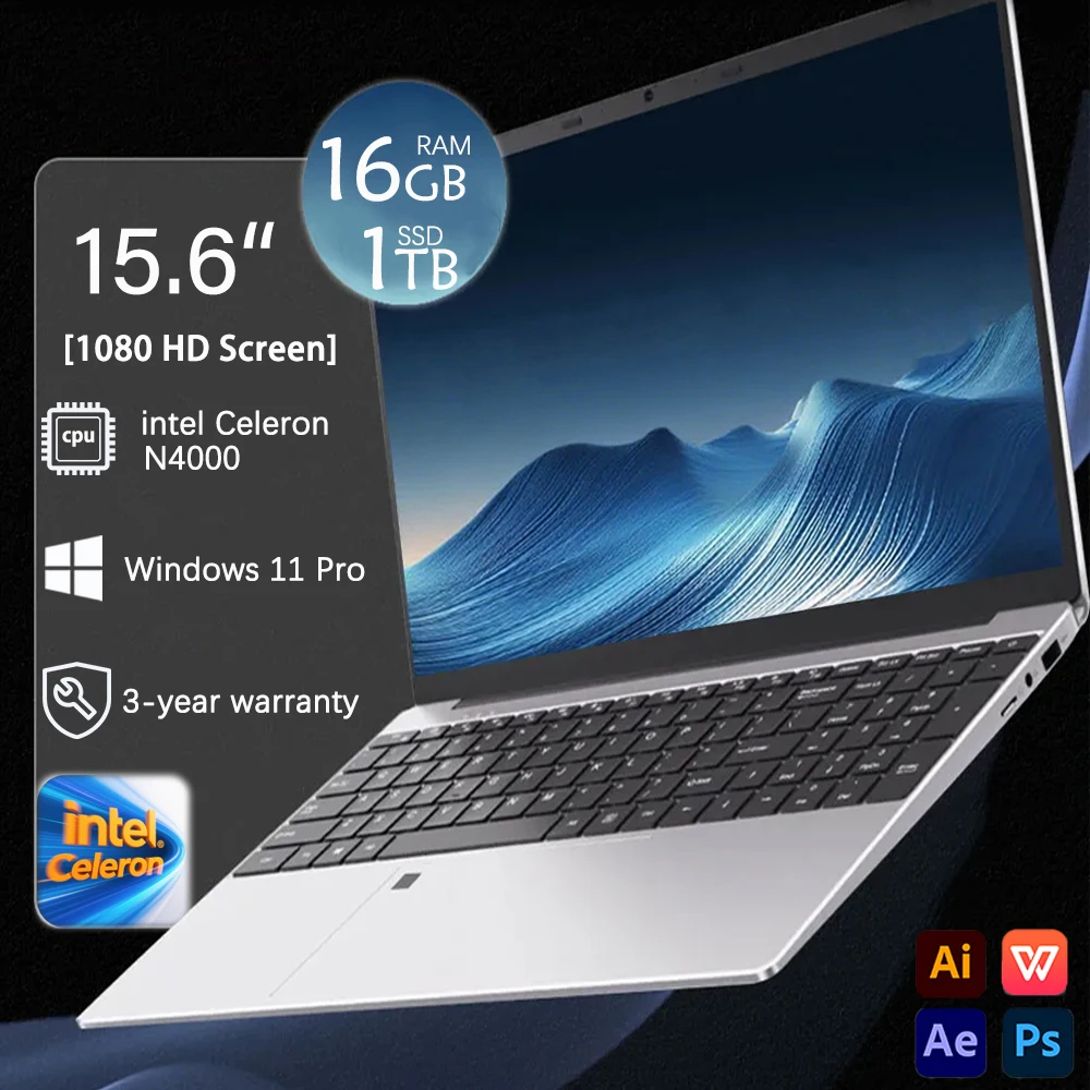 

2025 New Notebook 15.6 Inch Laptop Windows 11 Intel Celern N4000 16GB RAM 1TB SSD Fingerprint Unlock Study Office Pc Laptops