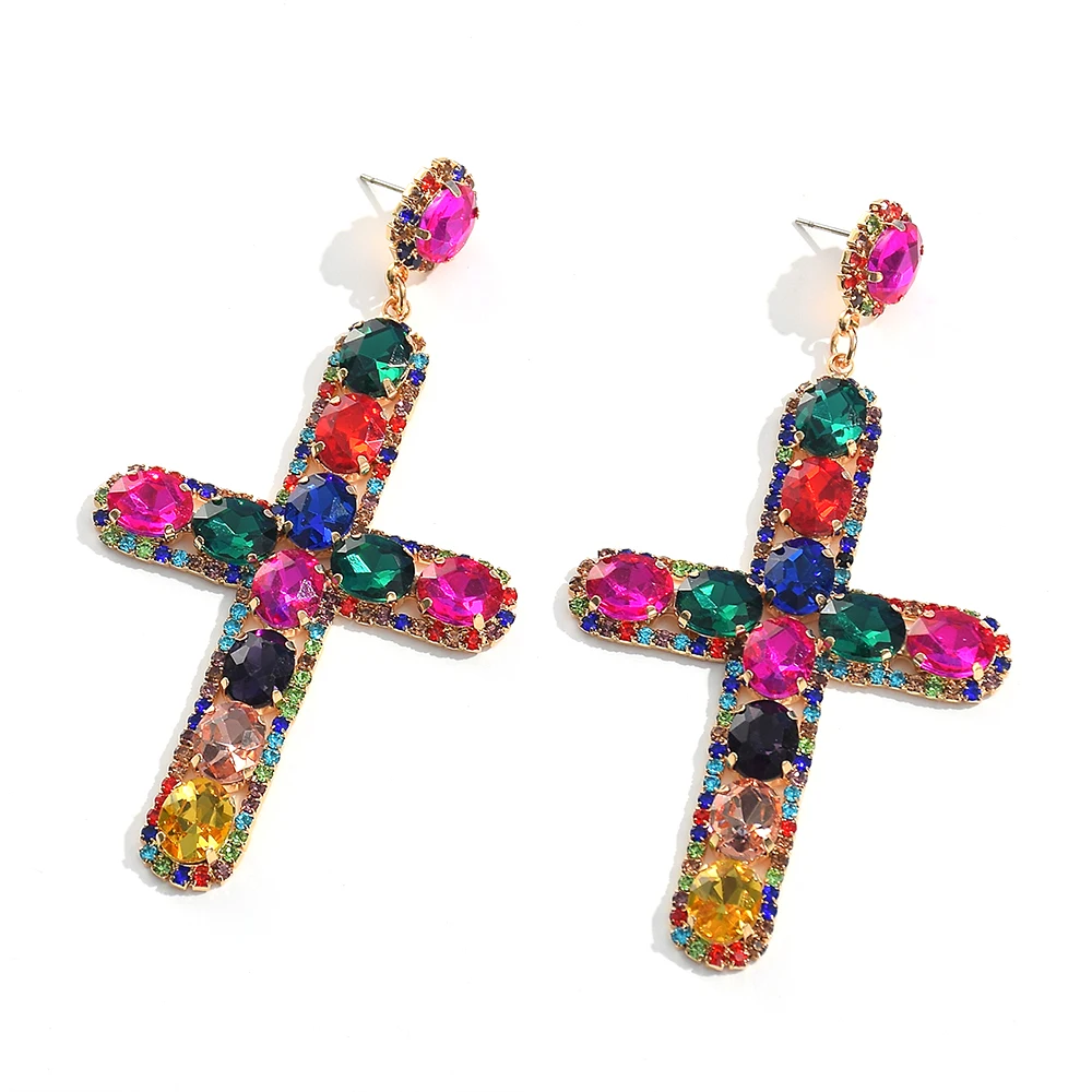 New Design Vintage Long Metal Colorful Crystal Cross Drop Earrings High-Quality Glass Pendant Jewelry Accessories For Women