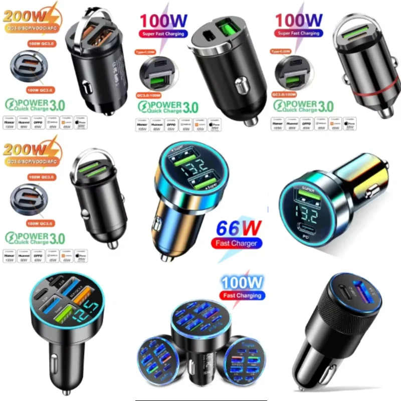 Carregador de Carro Dual USB 200W com Anel de Puxar, Carregador Rápido para Celular, Adaptador para Xiaomi Samsung, Mini Carrega